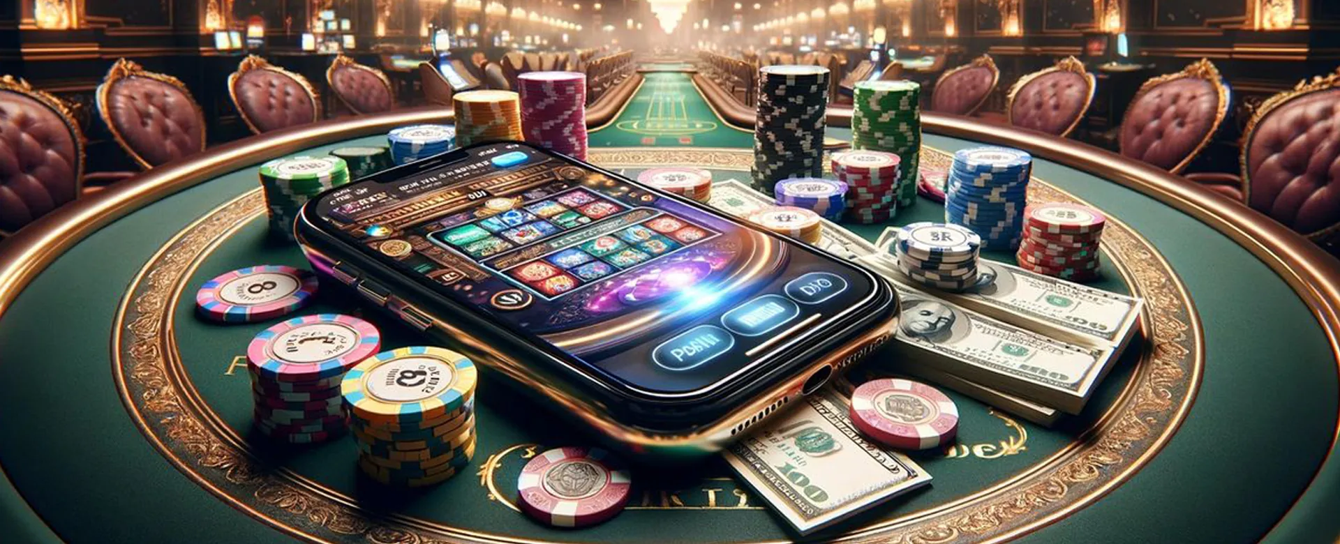 Player enjoying table games on a mobile app, with vibrant casino graphics in the background.